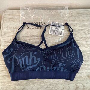 New Victoria's Secret Pink Sports Bra Medium DD Strappy Blue Logo